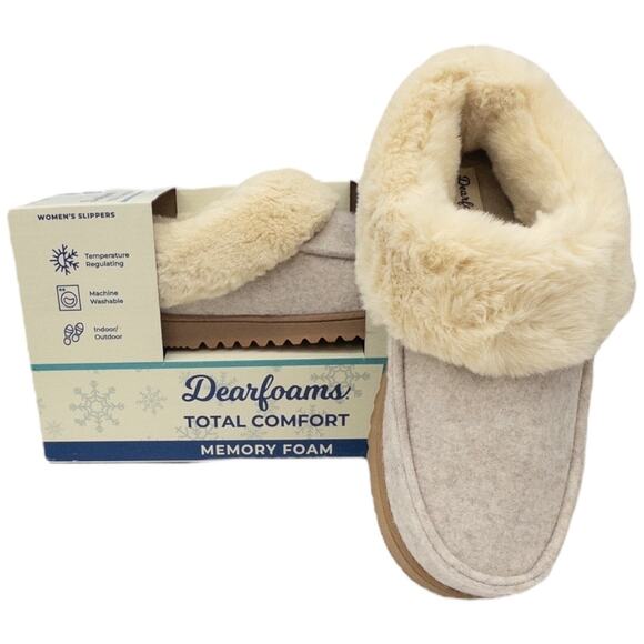 Dearfoams Women's Memory Foam Slippers Faux Fur Slip On Indoor Outdoor - Picture 1 of 5